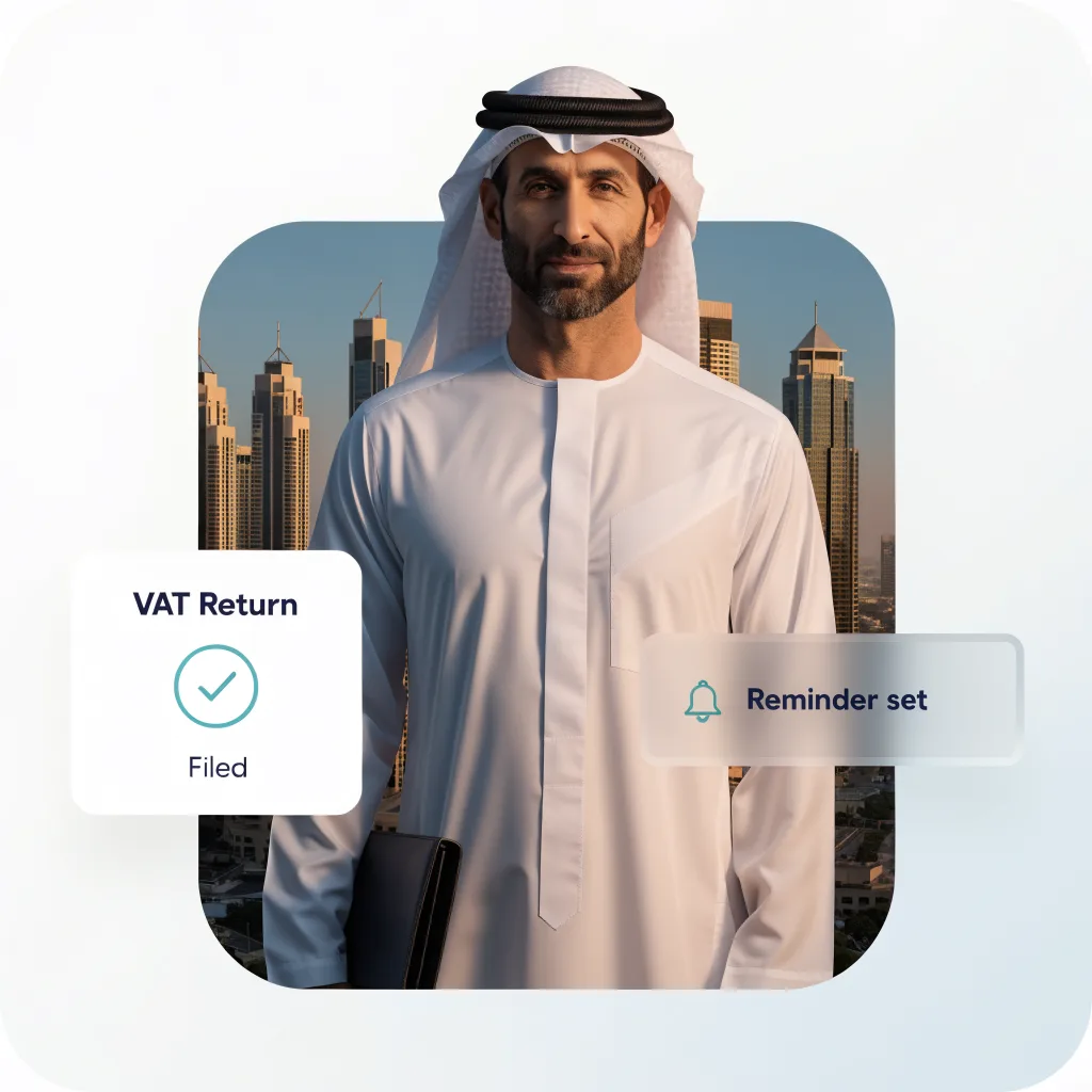 Mainland business owner in front of the Dubai skyline with a VAT return filed