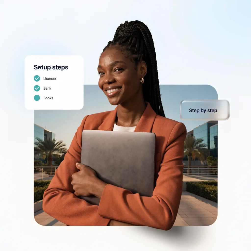 New founder holding a laptop, with setup steps for licence, bank and books