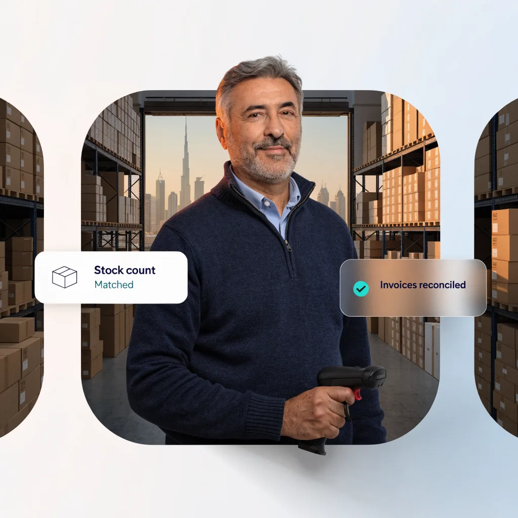 Trading business owner in a warehouse with stock count matched and invoices reconciled