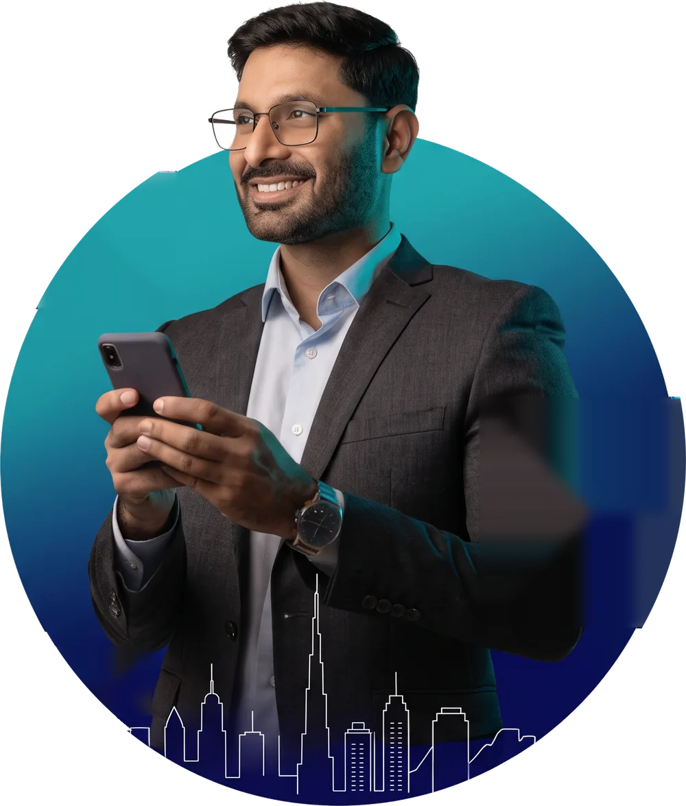 Smiling businessman checking his phone in front of a Dubai skyline