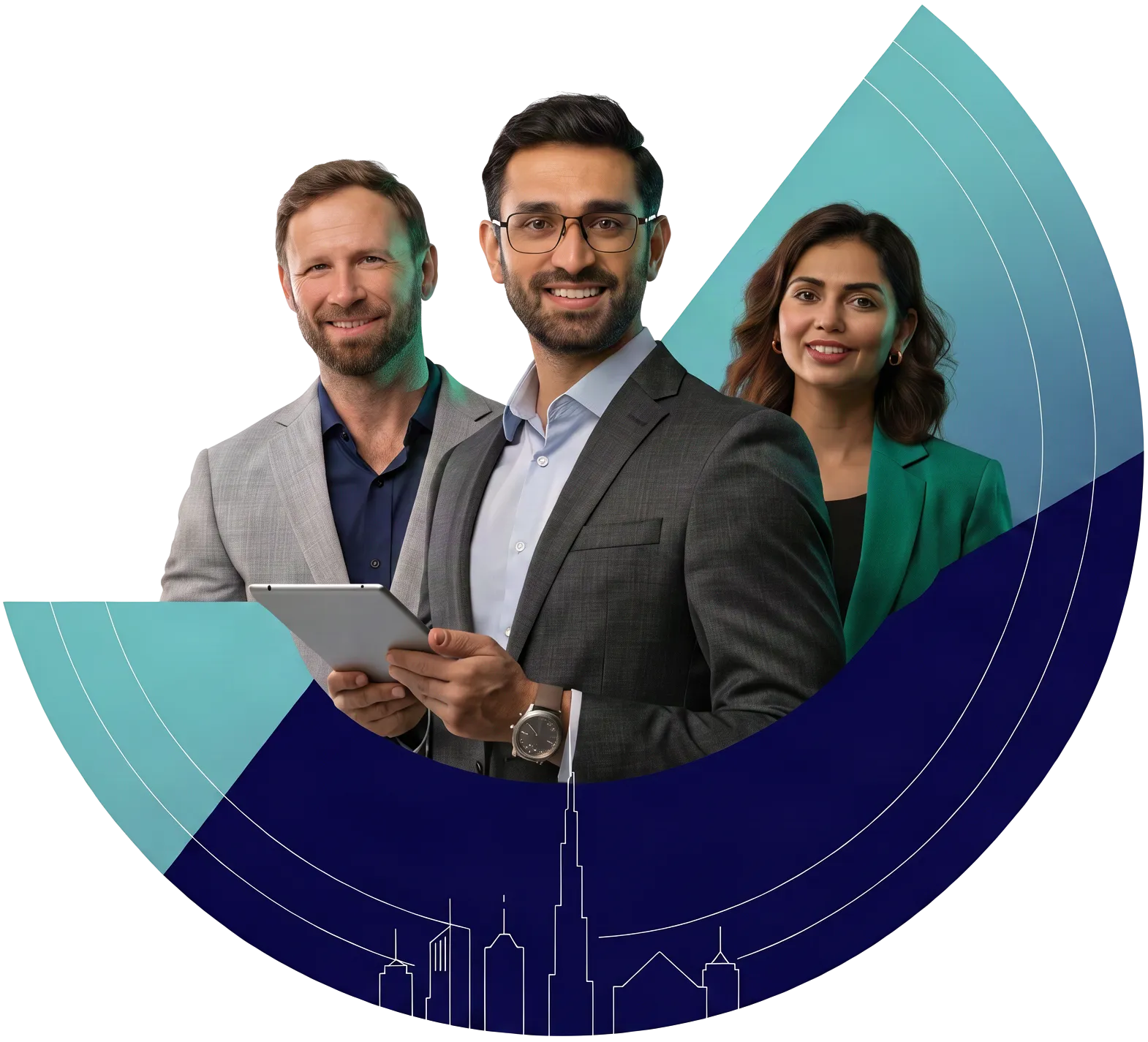 Three smiling accounting advisors, one holding a tablet, in front of a Dubai skyline