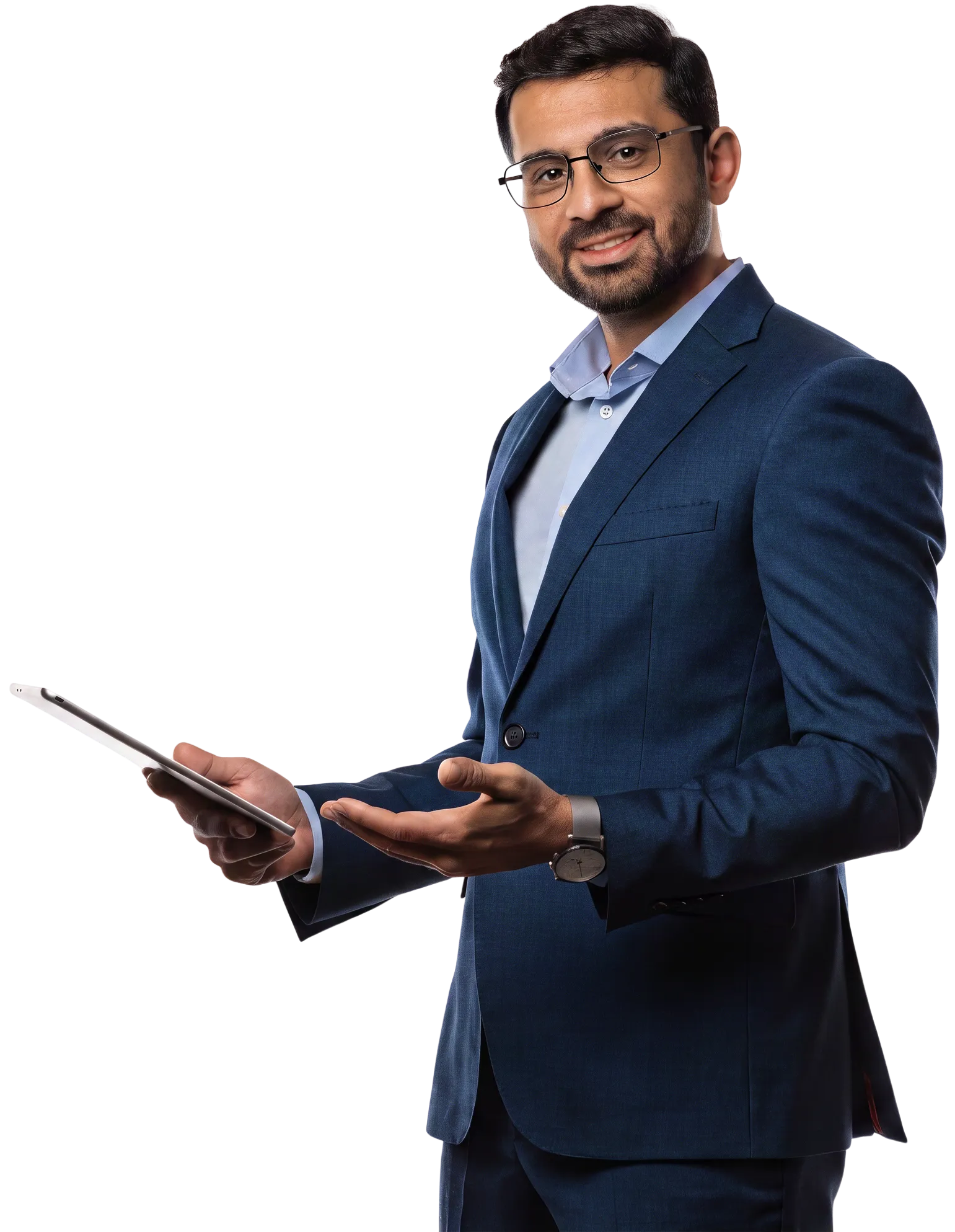 Smiling advisor in a navy suit holding a tablet and gesturing with an open hand